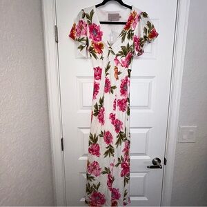 New, White Closet Elements Floral Print Flutter Short Sleeve Linen Blend Dress